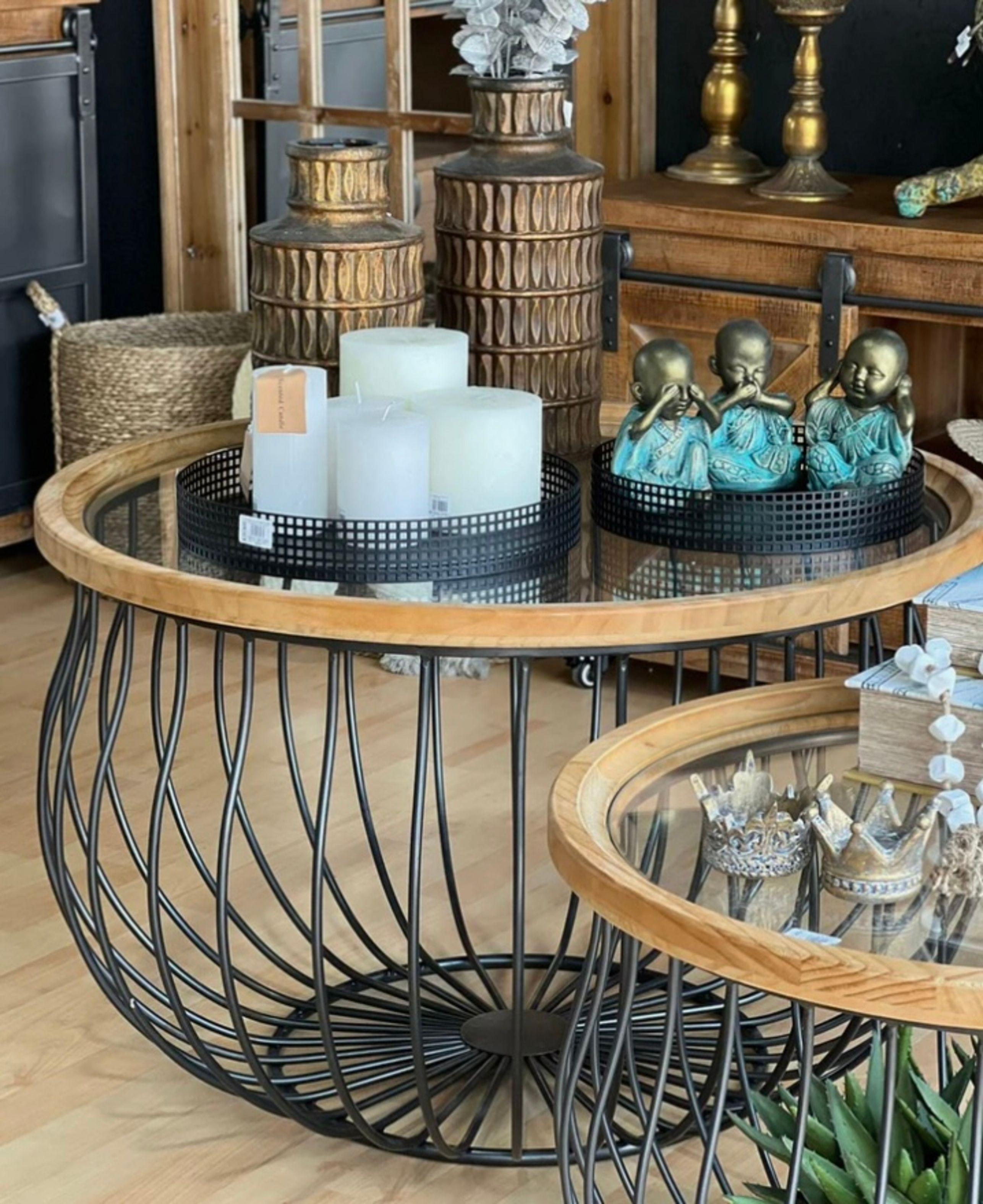 SET MESAS REDONDAS METAL MADERA VIDRIO-2