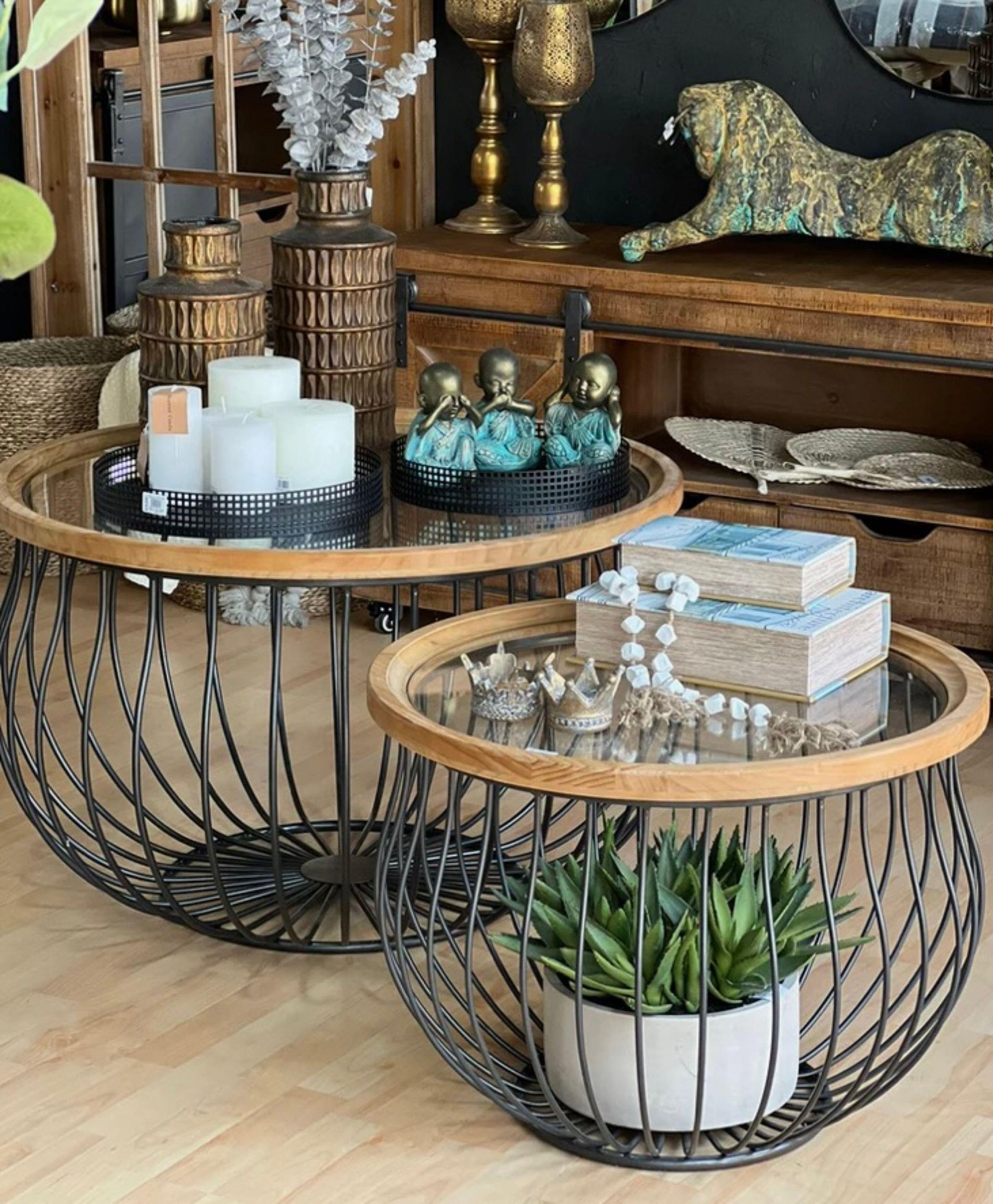 SET MESAS REDONDAS METAL MADERA VIDRIO-0