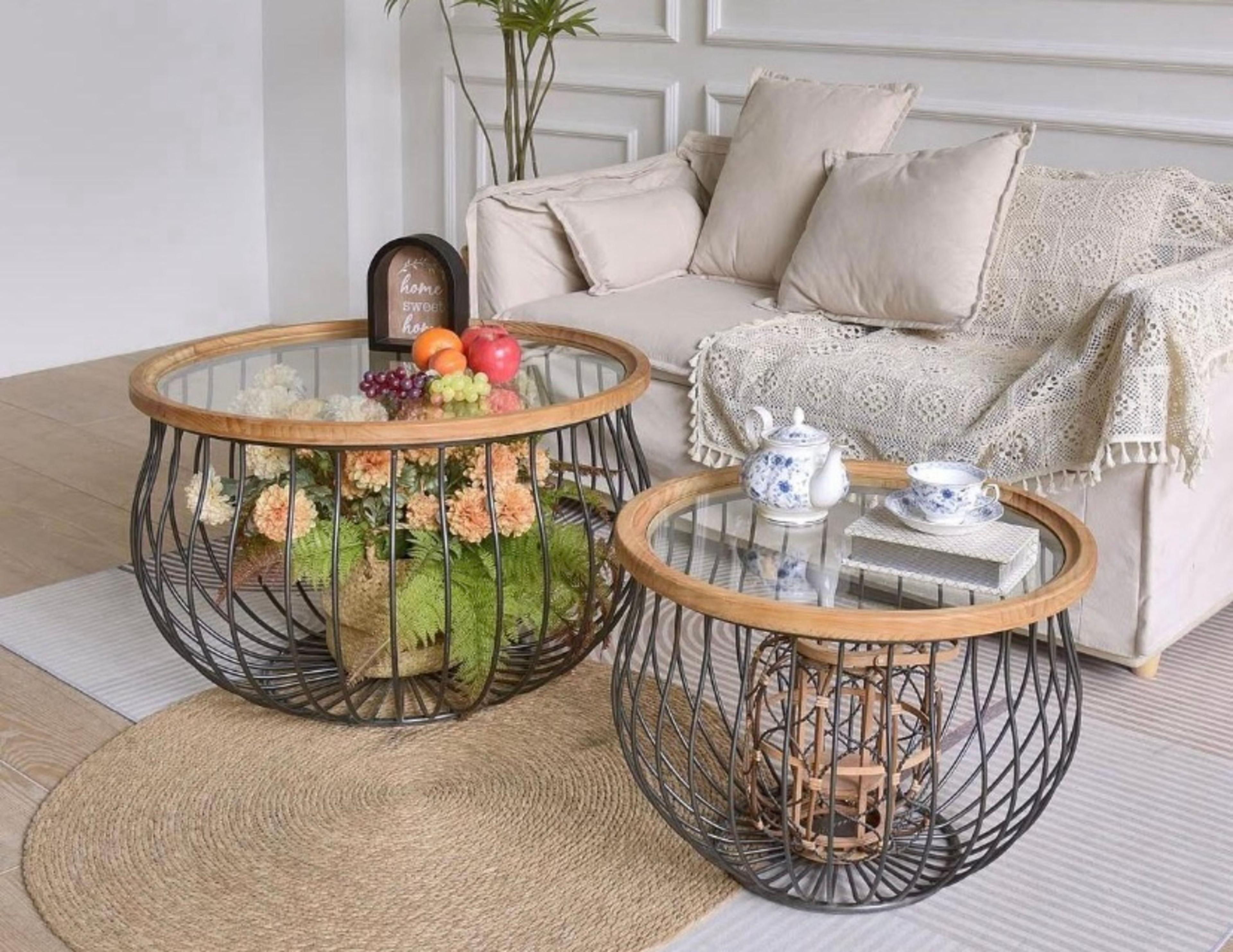 SET MESAS REDONDAS METAL MADERA VIDRIO-1