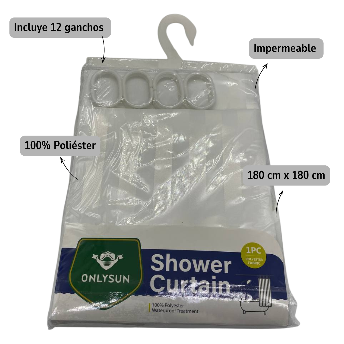 Cortina de Ducha Blanca 100% Poliéster con Tratamiento Impermeable - Incluye Ganchos-2