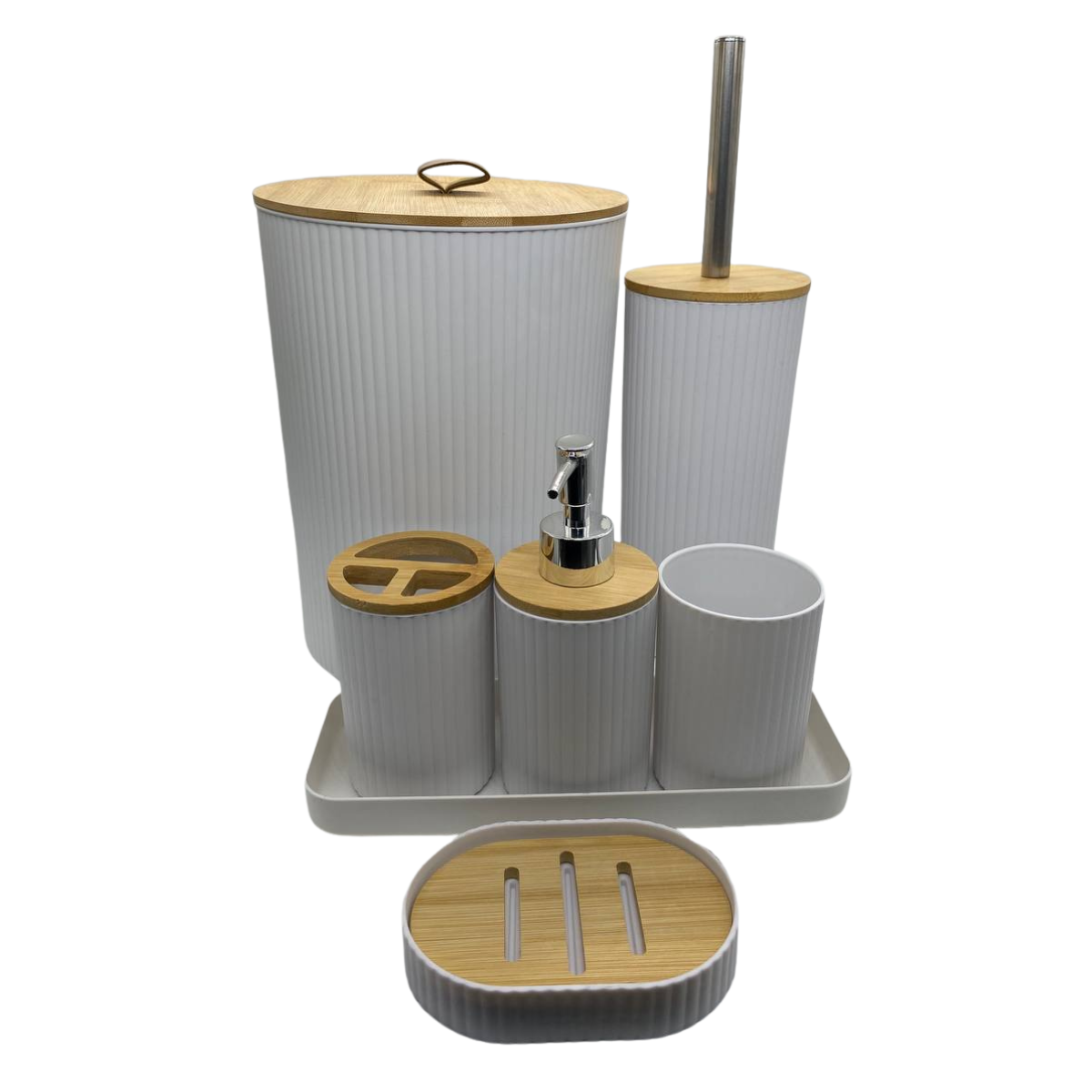 Juego Accesorios Set De Baño 6 Piezas Bambú Cepillo WC Blanco + Cortina De Obsequio-2