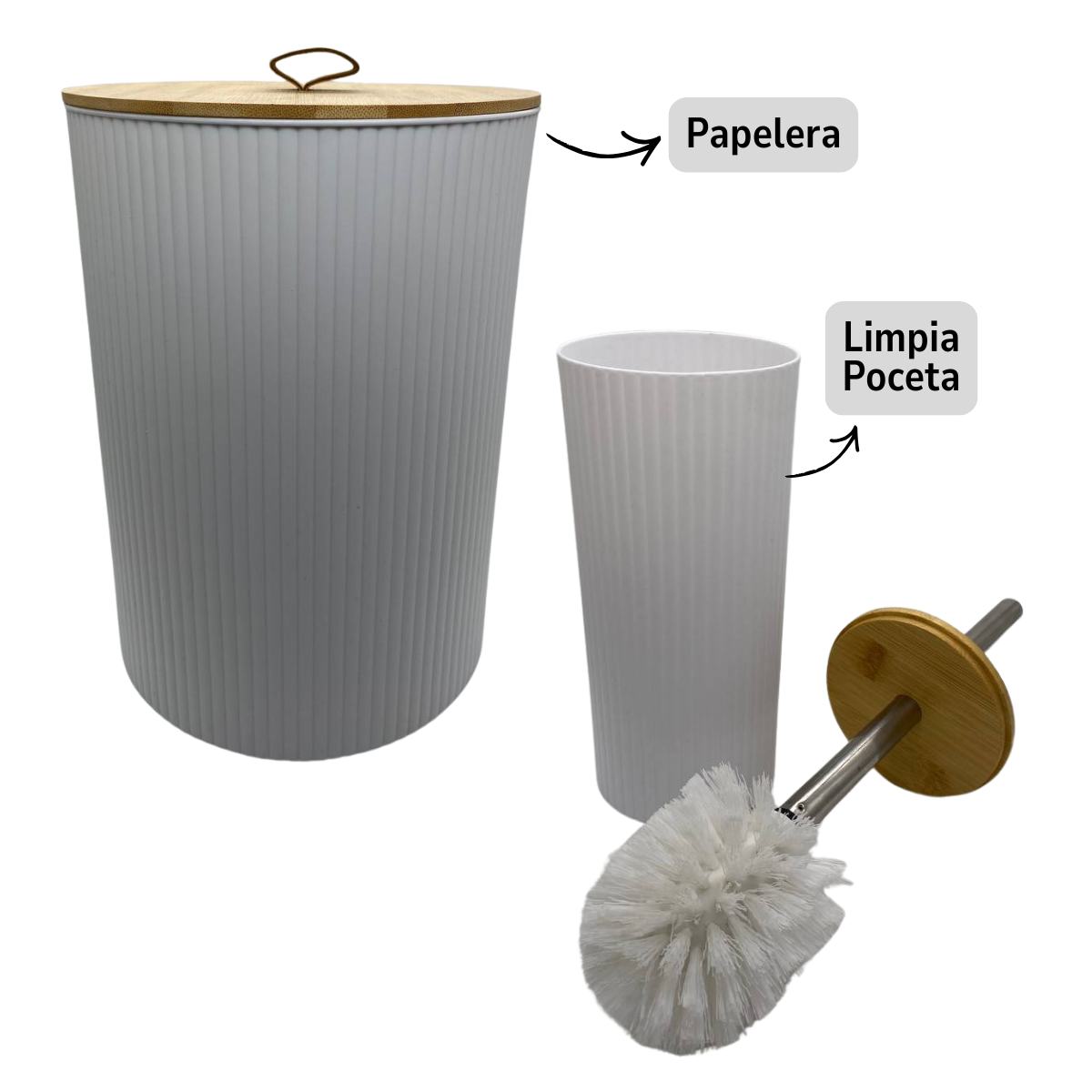 Juego Accesorios Set De Baño 6 Piezas Bambú Cepillo WC Blanco + Cortina De Obsequio-4