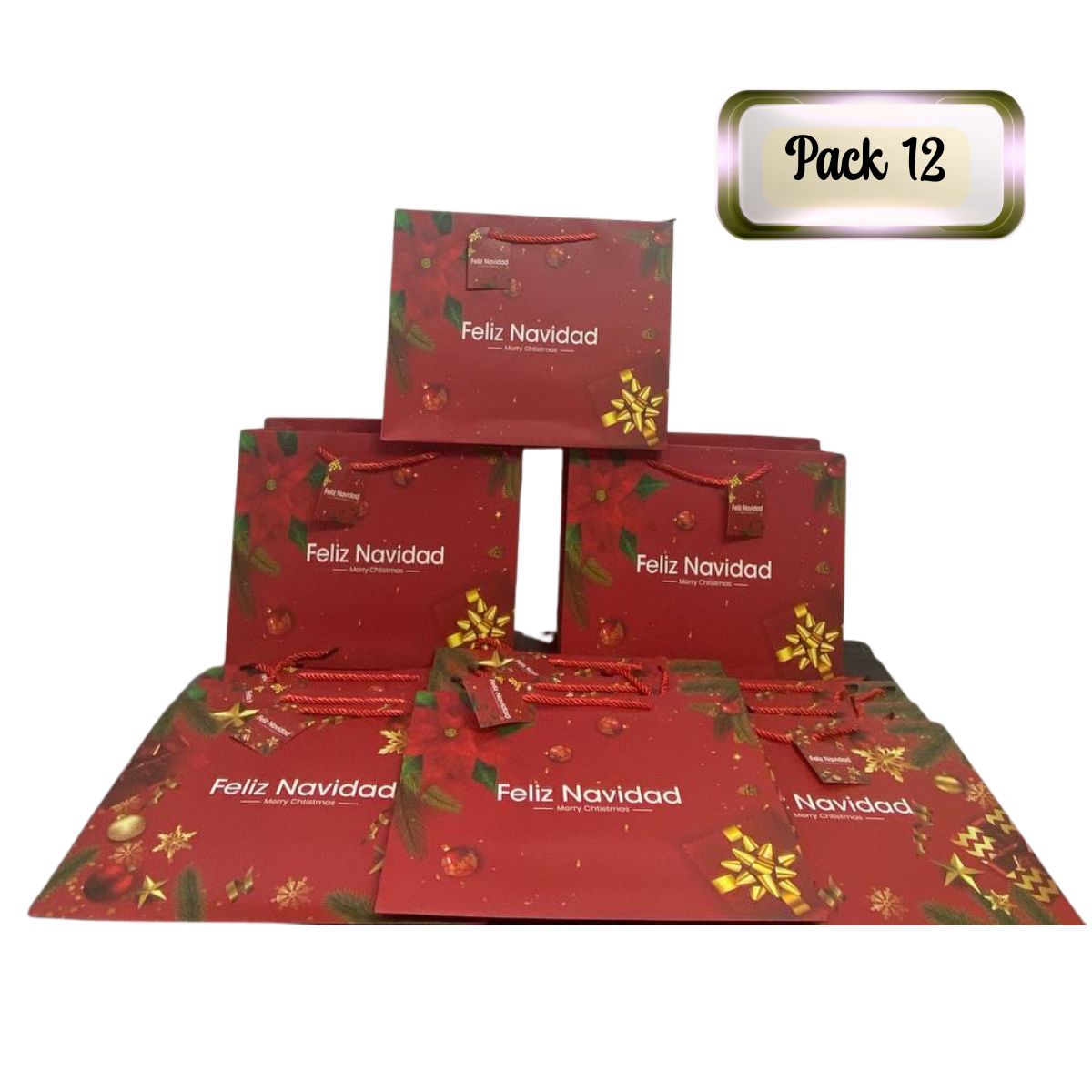 Pack 12 Bolsas De Regalo 26 cm x 32 cm Rojas Con Dorado Navidad 2025-0