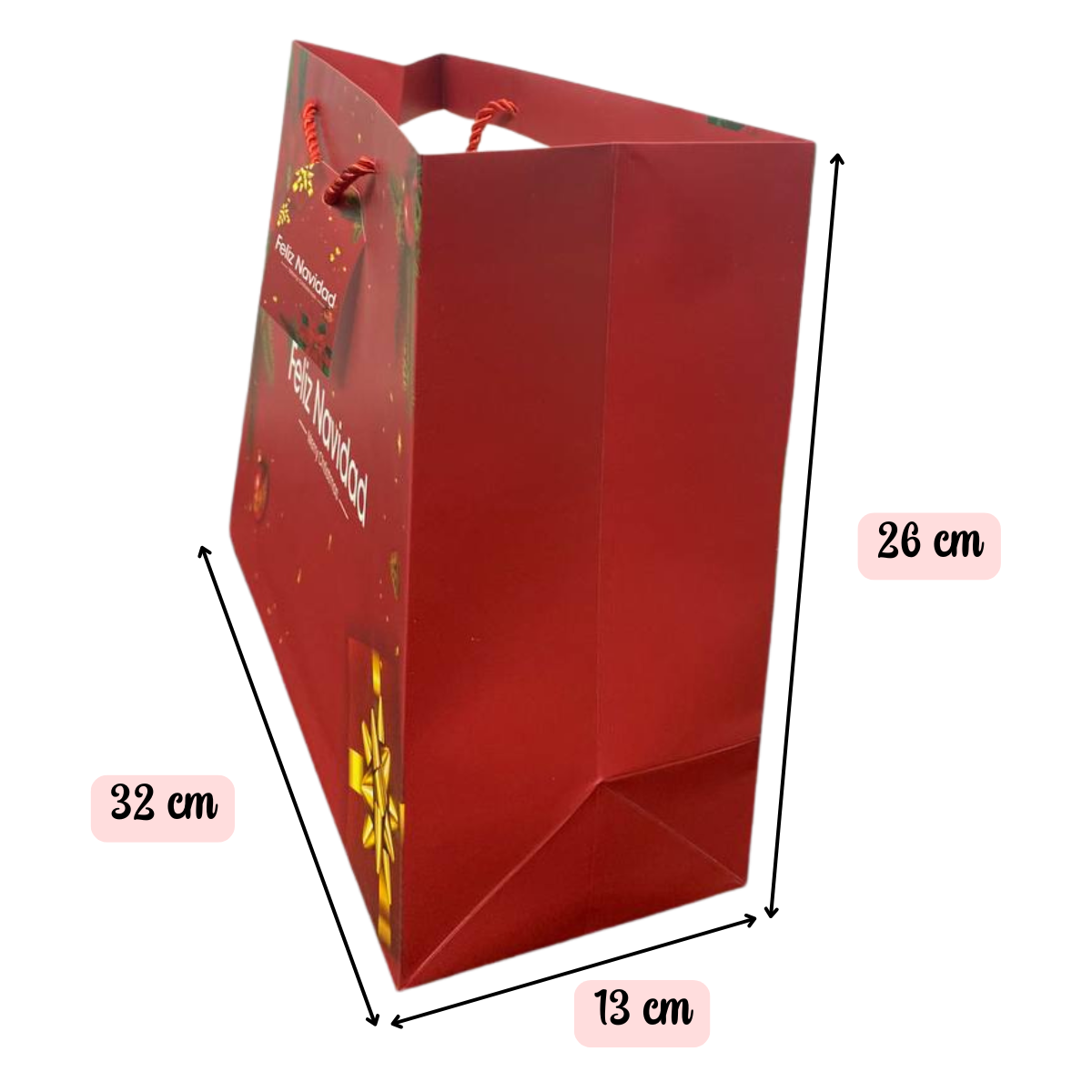 Pack 12 Bolsas De Regalo 26 cm x 32 cm Rojas Con Dorado Navidad 2025-1