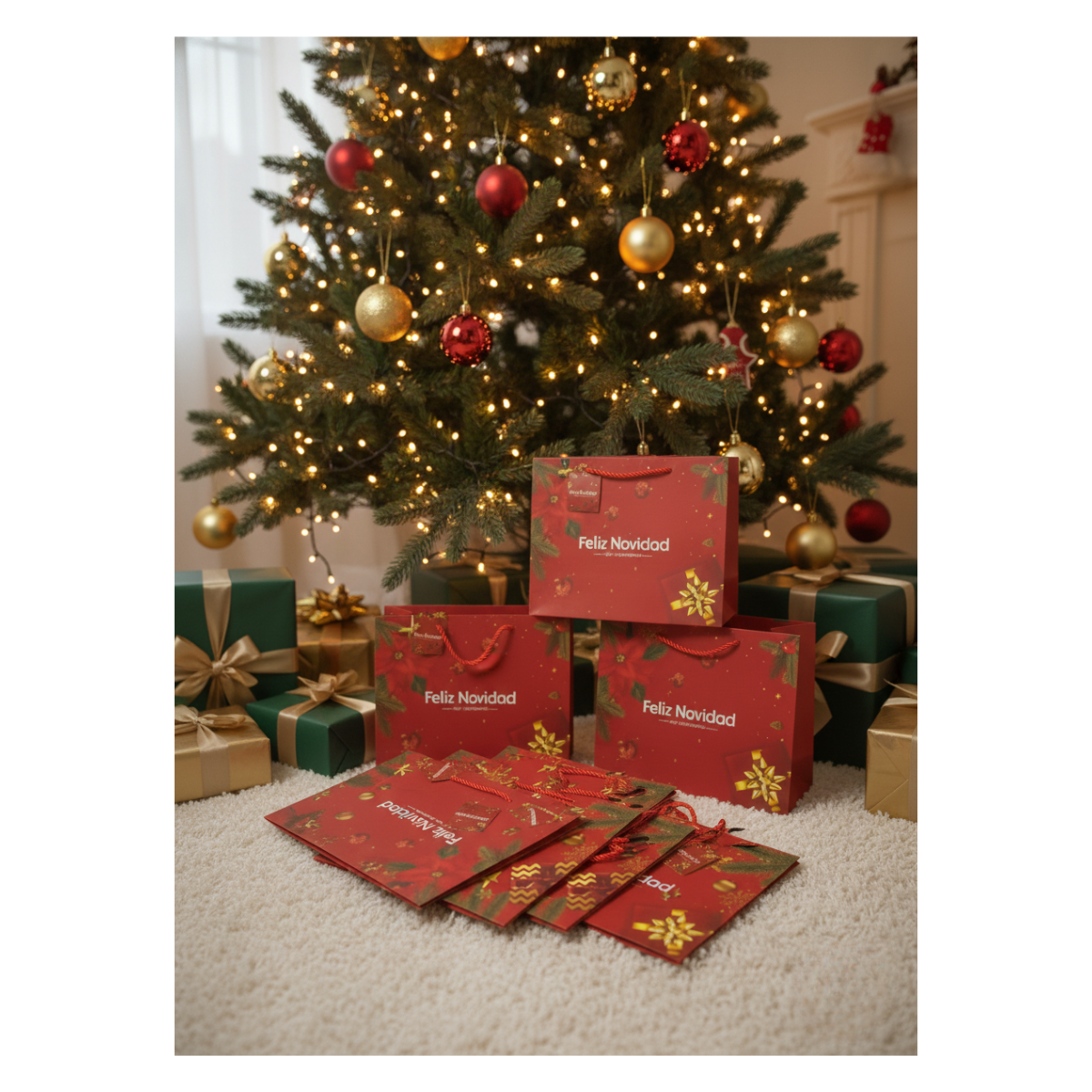 Pack 12 Bolsas De Regalo 26 cm x 32 cm Rojas Con Dorado Navidad 2025-2