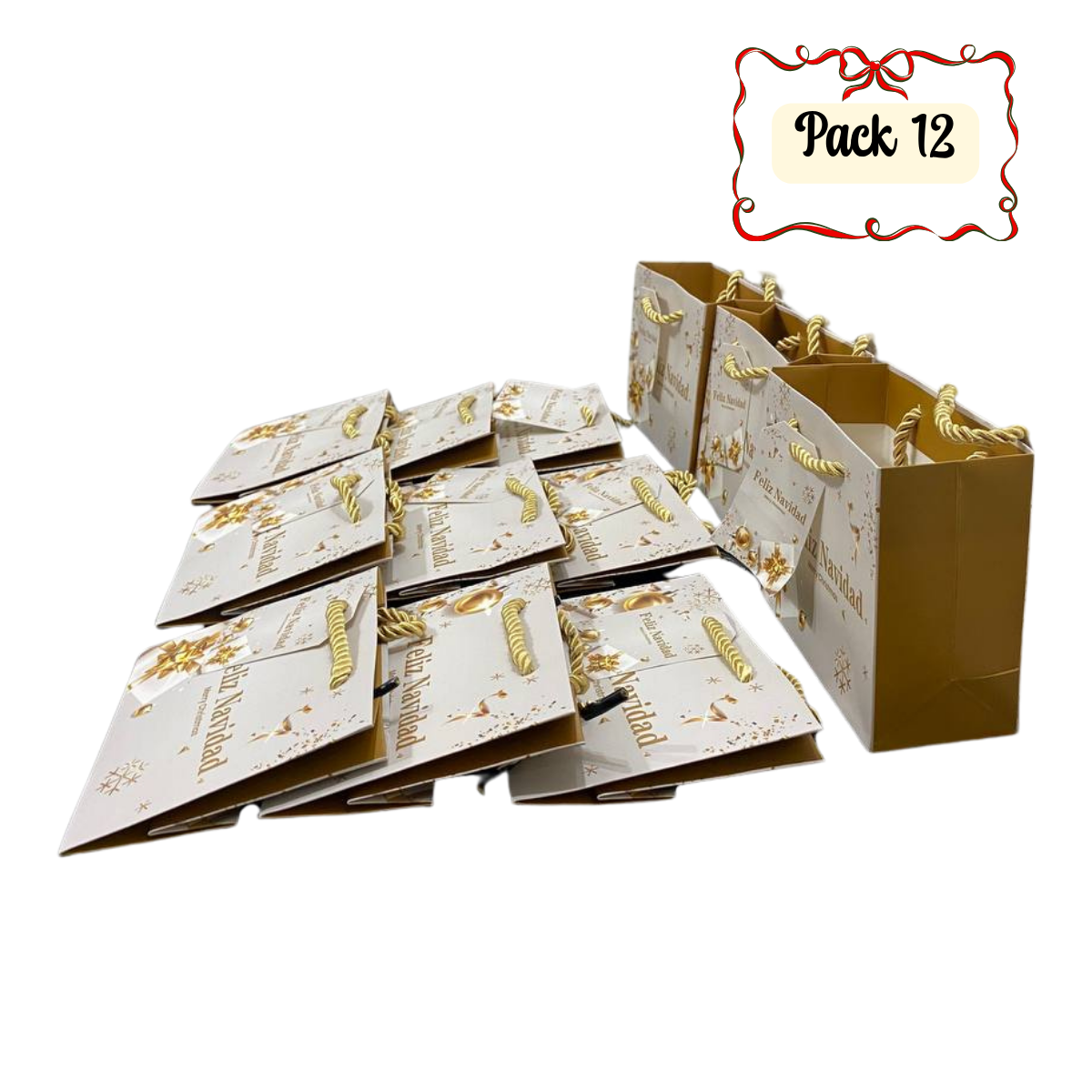Pack 12 Bolsas De Regalo 11.5 cm x 14.5 cm Blancas Con Dorado Navidad 2025-0