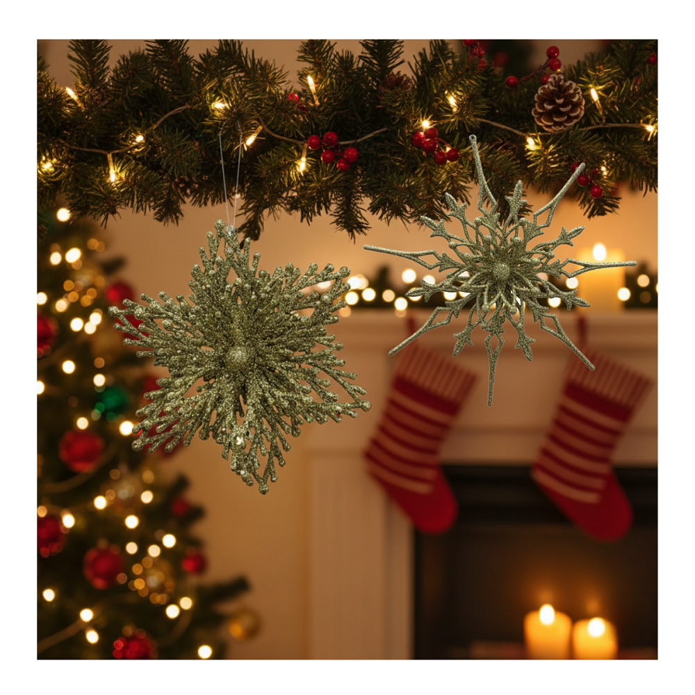 Set 6 Copos / Flores De Nieve Adornos De Navidad Brillantes Adorno Árbol Dorado-5
