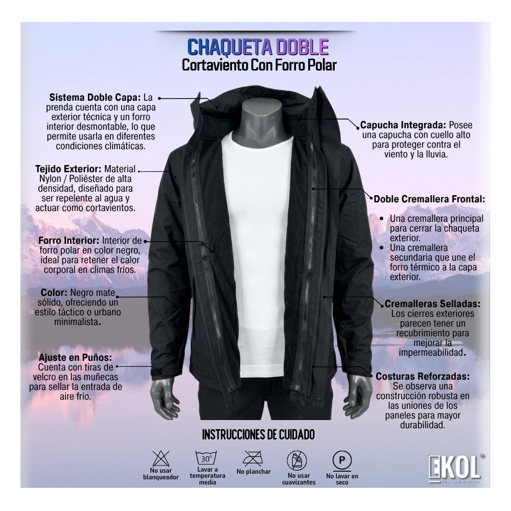 Chaqueta Doble Cortaviento Con Forro Polar Negra Térmica-6