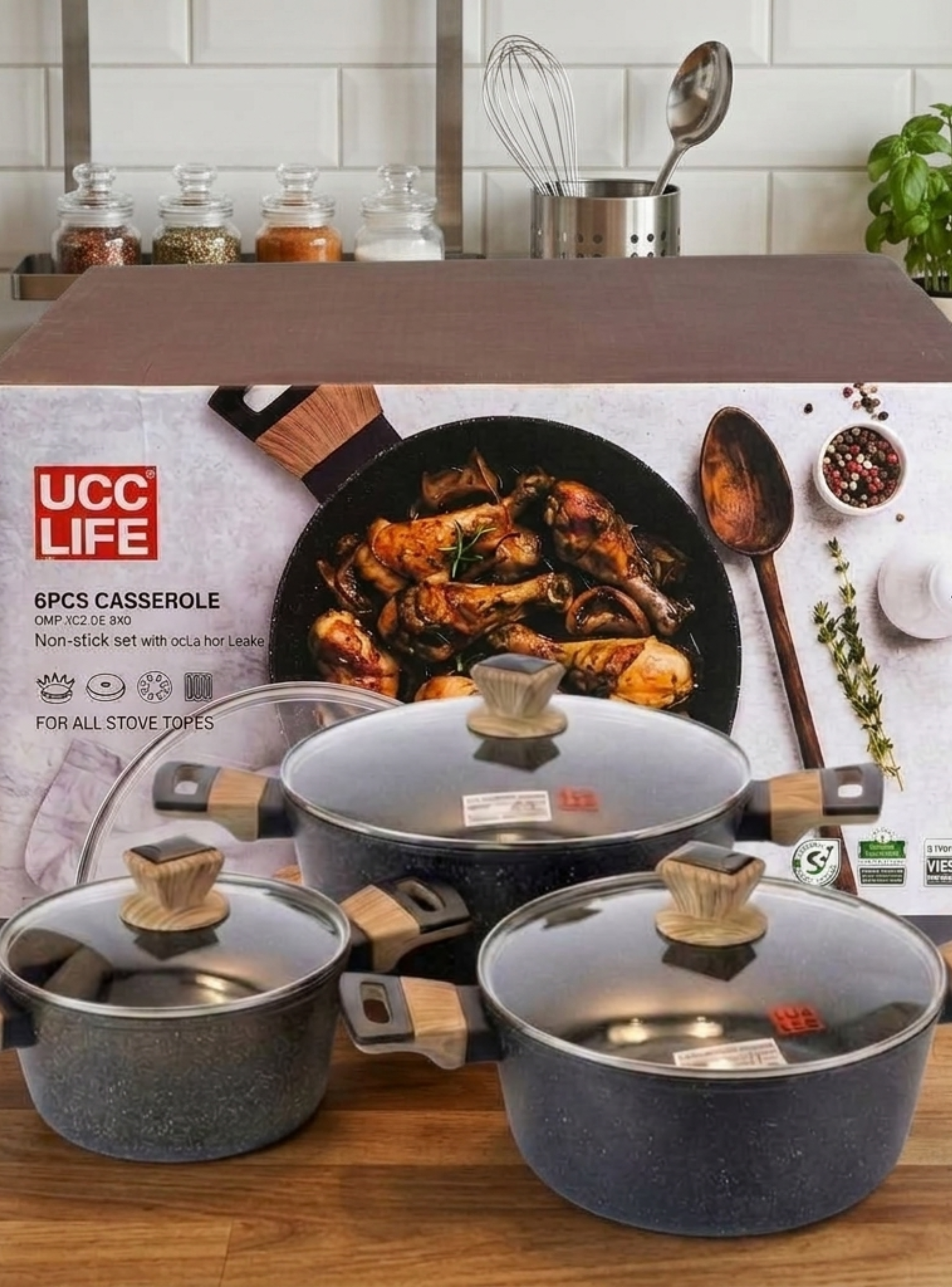 Batería De Cocina 6 Pcs Ollas Cacerolas Para Todo Tipo De Cocina Diseño Granito Y Madera-0