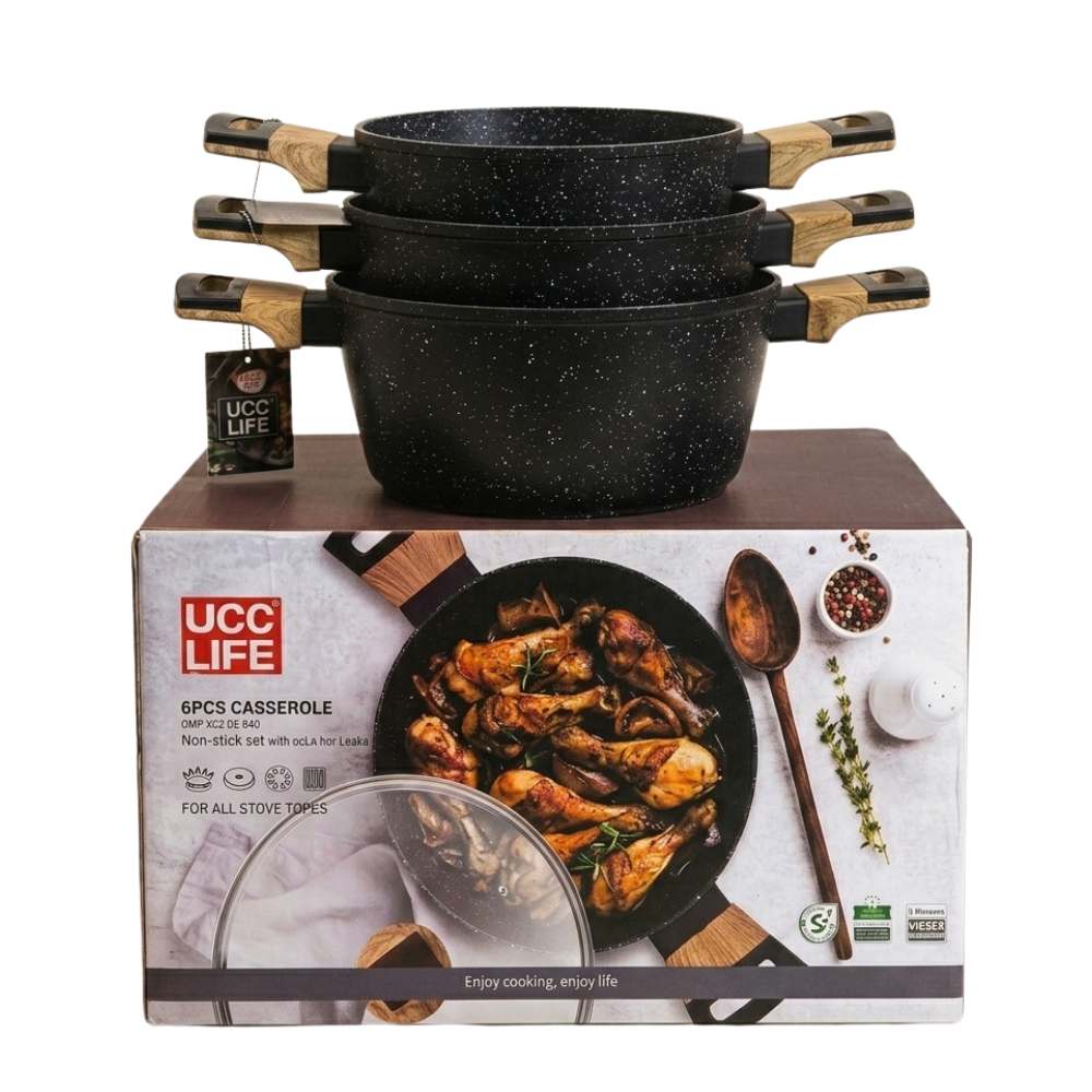 Batería De Cocina 6 Pcs Ollas Cacerolas Para Todo Tipo De Cocina Diseño Granito Y Madera-1