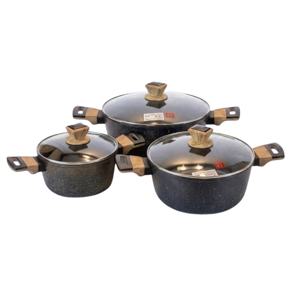 Batería De Cocina 6 Pcs Ollas Cacerolas Para Todo Tipo De Cocina Diseño Granito Y Madera-4
