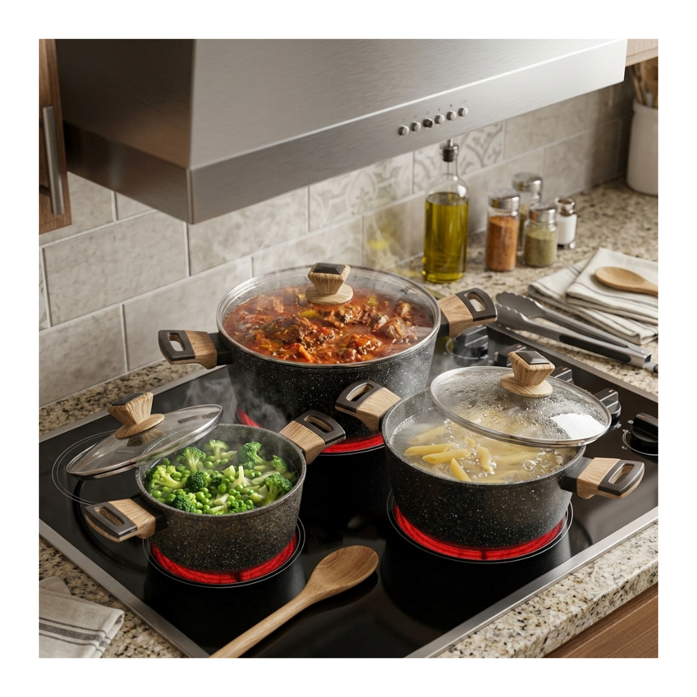 Batería De Cocina 6 Pcs Ollas Cacerolas Para Todo Tipo De Cocina Diseño Granito Y Madera-5