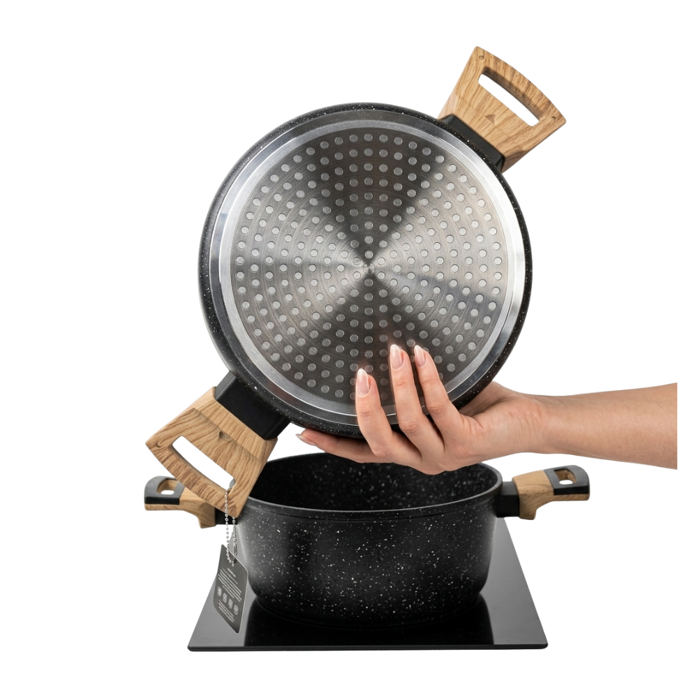 Batería De Cocina 6 Pcs Ollas Cacerolas Para Todo Tipo De Cocina Diseño Granito Y Madera-6