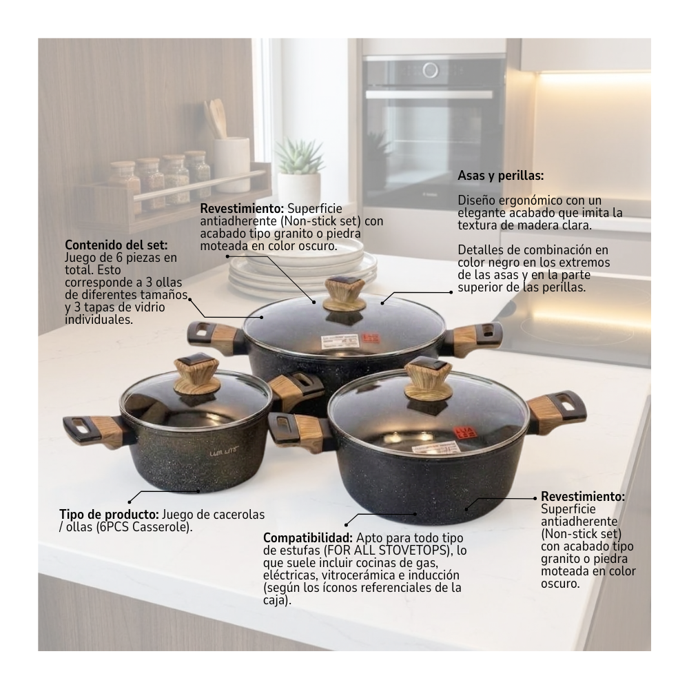 Batería De Cocina 6 Pcs Ollas Cacerolas Para Todo Tipo De Cocina Diseño Granito Y Madera-7