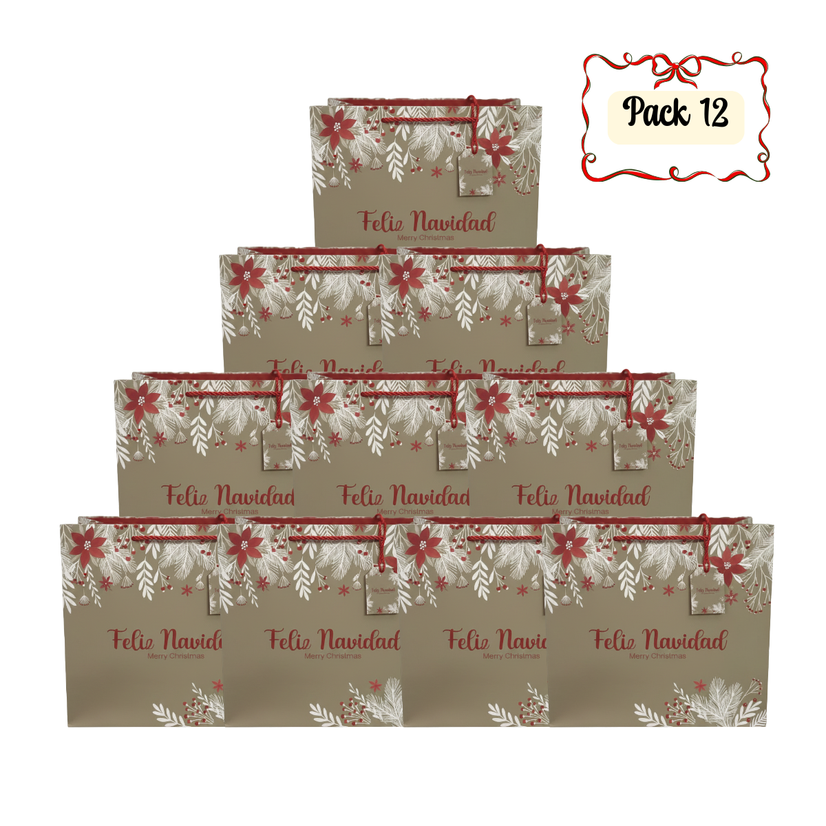 Pack 12 Bolsas De Regalo 26 cm x 32 cm Beige Con Rojo Navidad 2025-0