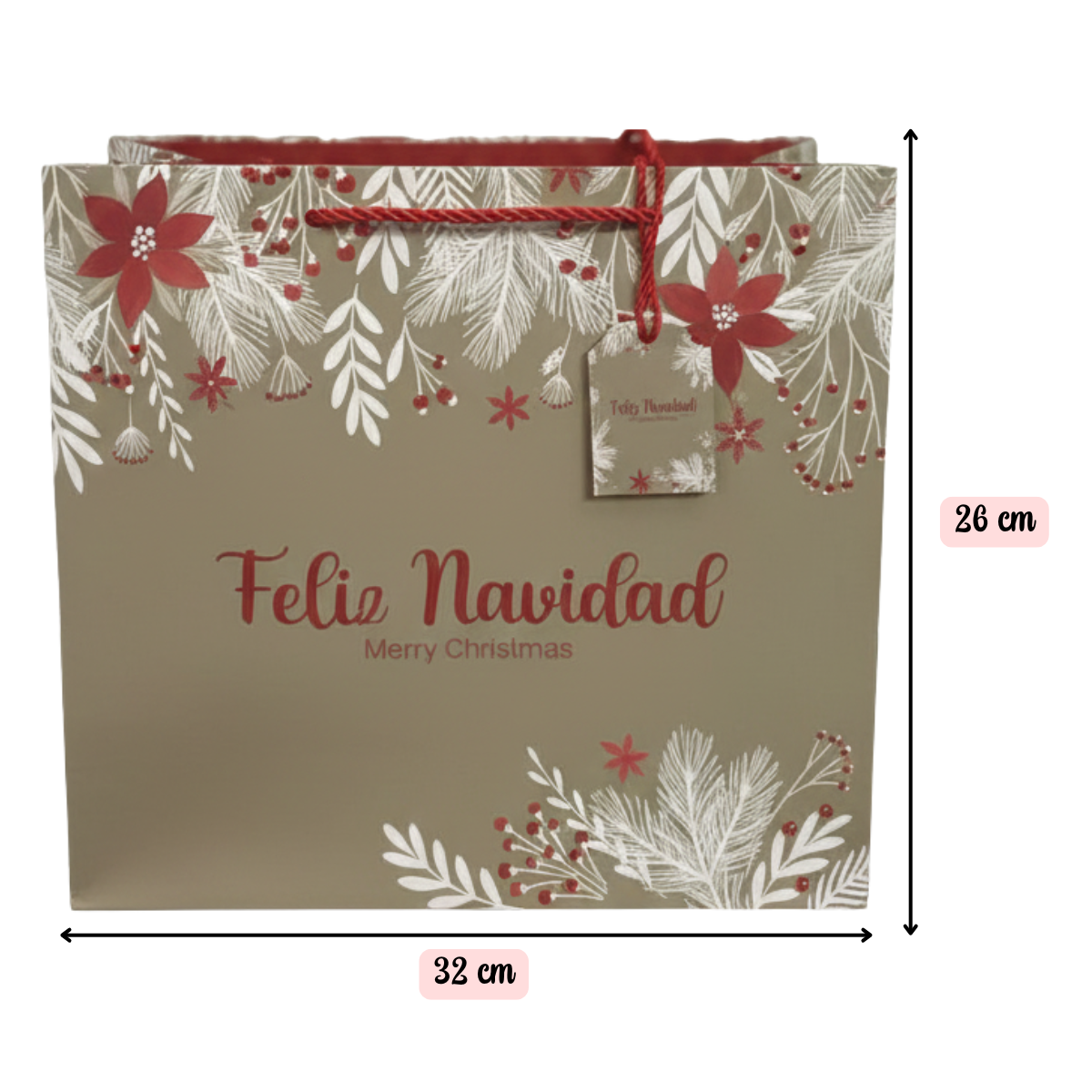 Pack 12 Bolsas De Regalo 26 cm x 32 cm Beige Con Rojo Navidad 2025-1