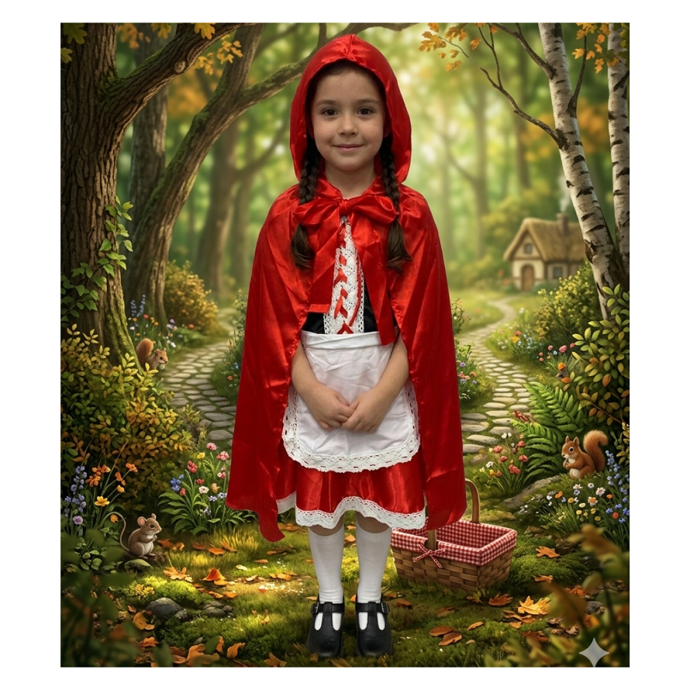 Traje De Caperucita Roja Con Encaje Y Capa Roja Brillante-0