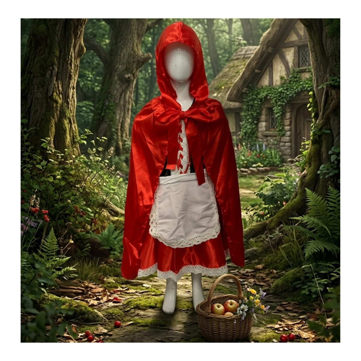 Traje De Caperucita Roja Con Encaje Y Capa Roja Brillante-5