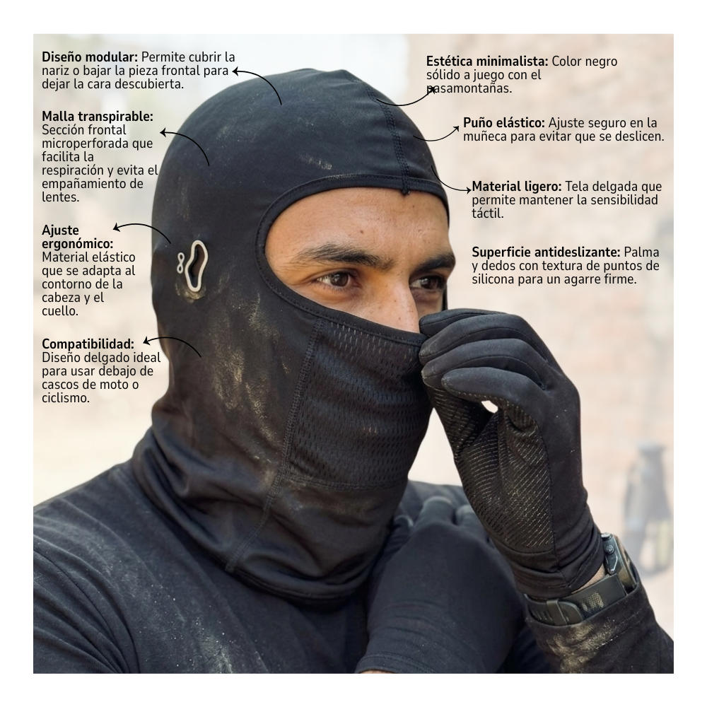 Set Antiviento Moto Balaclava Con Orificio Auricular y Guantes-5