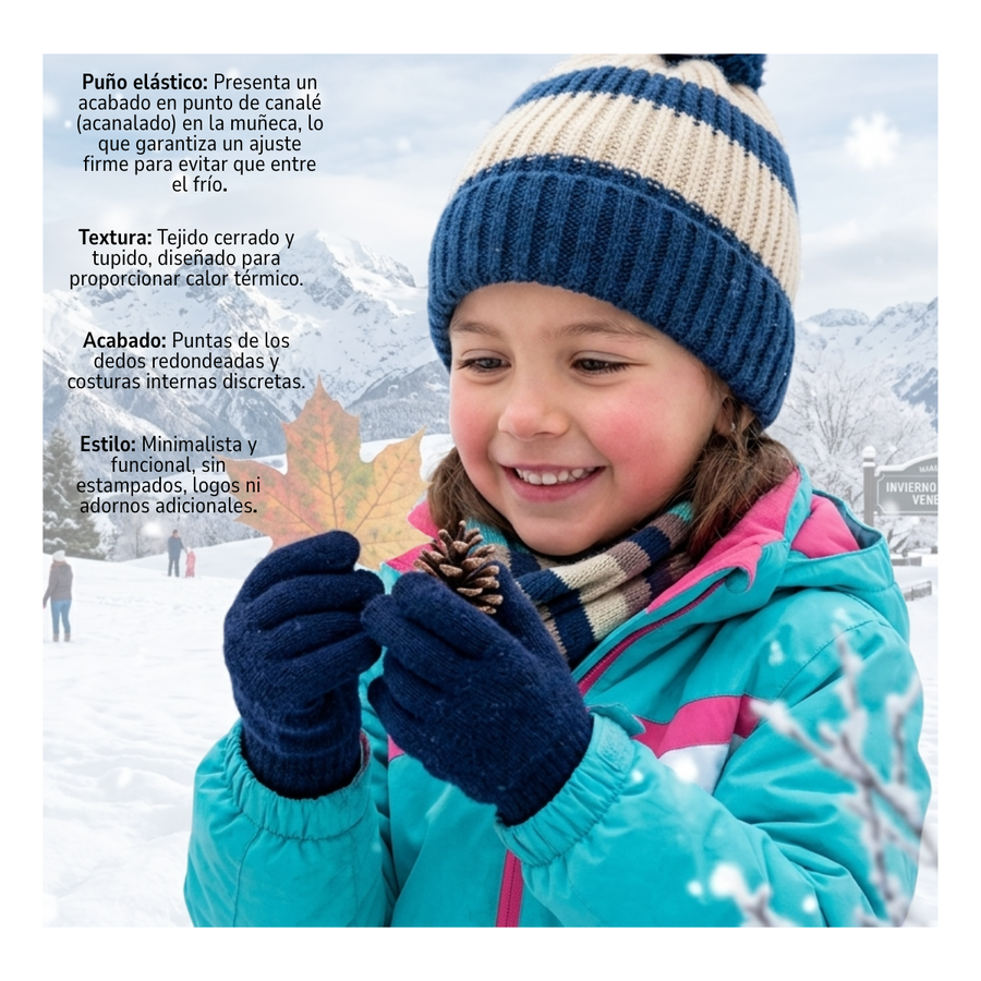 Guantes De Lana Térmicos Para Niños - Invierno Suave Color Azul Marino-2