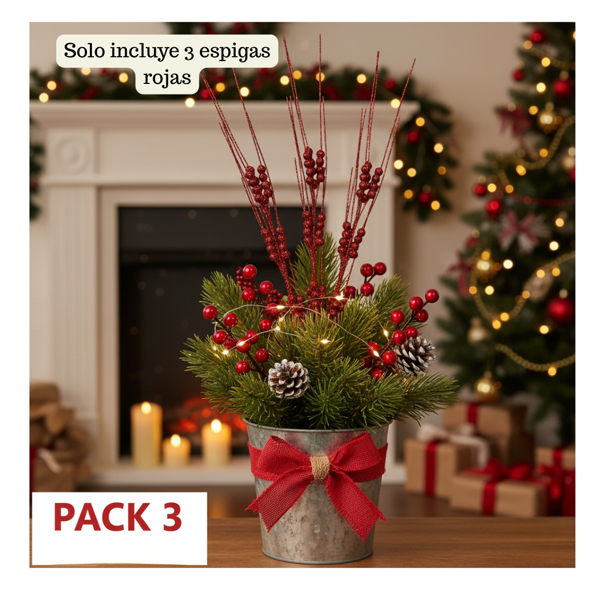 Pack 3 Ramas De Navidad Bayas Con Tallo De Acebo Navideño 65 cm -3