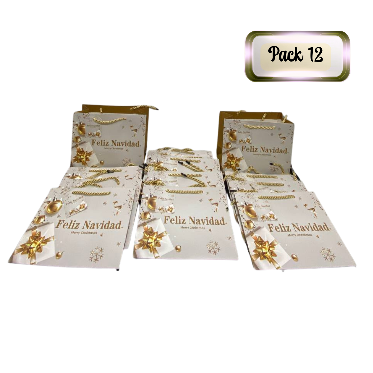Pack 12 Bolsas De Regalo 18 cm x 23 cm Blancas Con Dorado Navidad 2025-0