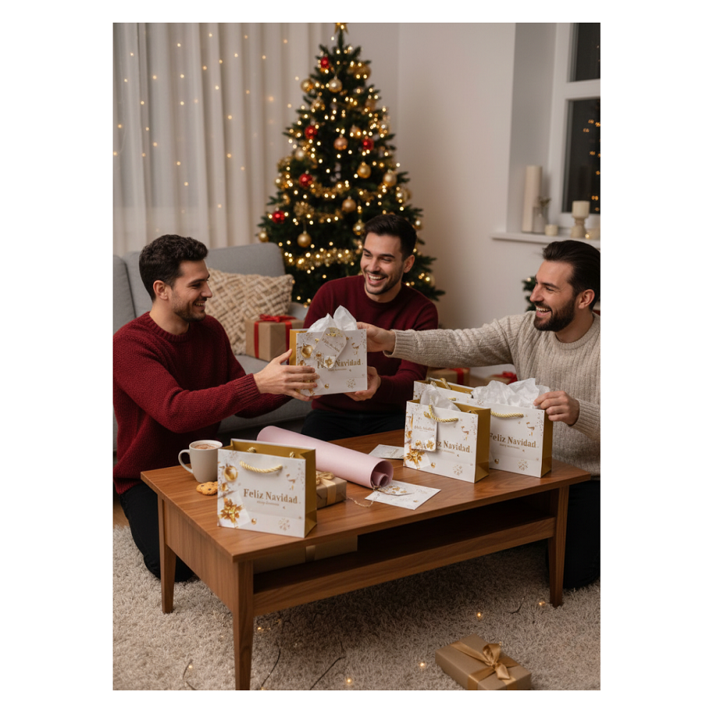 Pack 12 Bolsas De Regalo 18 cm x 23 cm Blancas Con Dorado Navidad 2025-2