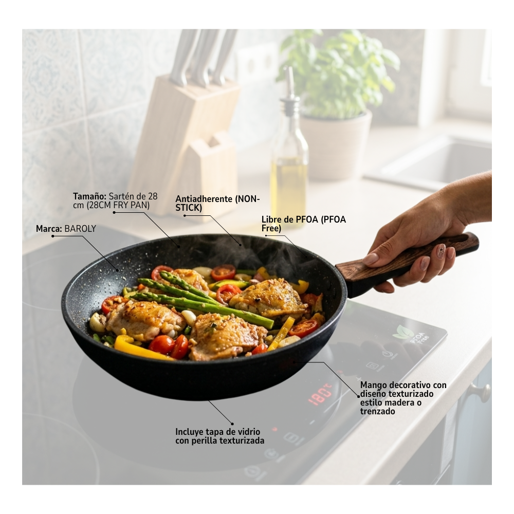 Sartén De Aluminio Antiadherente Baroly 28cm Con Tapa Pfoa Free-5