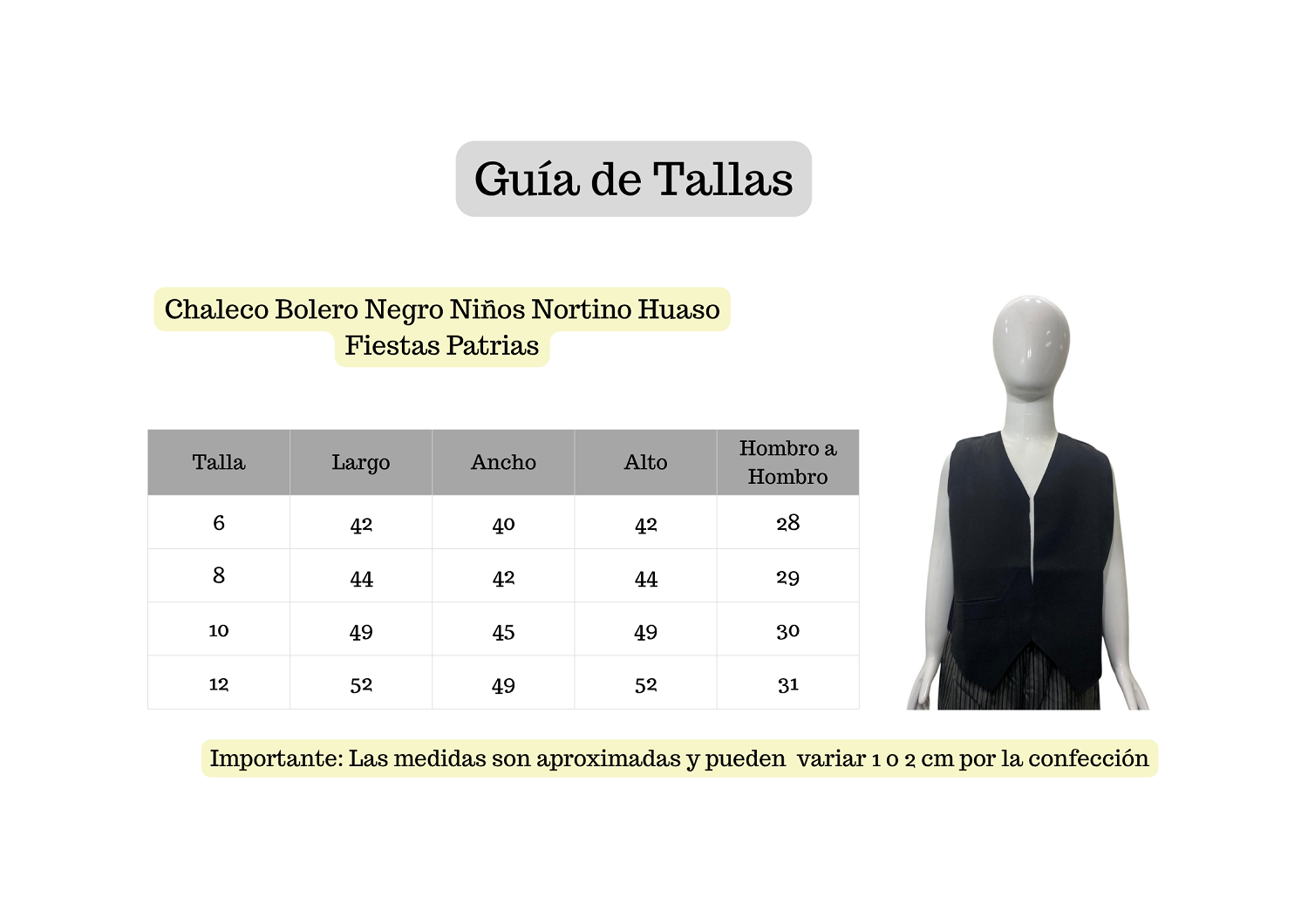 Chaleco Bolero Negro Niños Nortino Huaso Fiestas Patrias-3