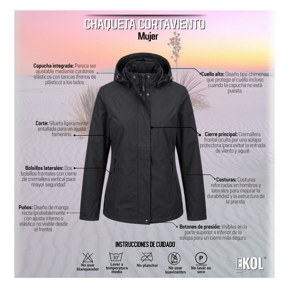 Chaqueta Cortaviento Mujer con Capucha Ajustable y Cuello Alto-5