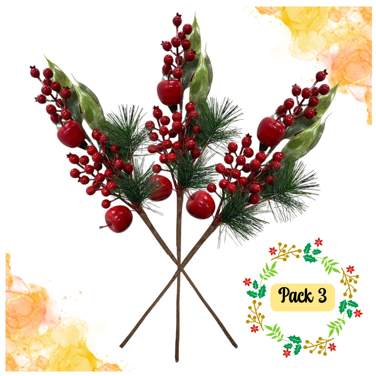 Pack 3 Bayas Ramas Flores Artificiales Acebo Tallos Navidad 2025-1