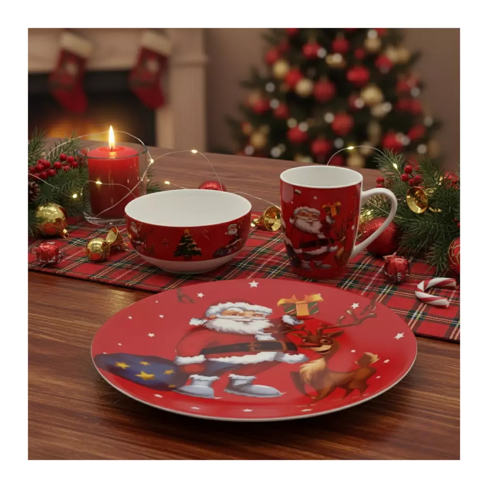 Set De Taza Plato Y Bowl De Navidad Viejo Pascuero Navidad Rojo Viejito Pascuero-5