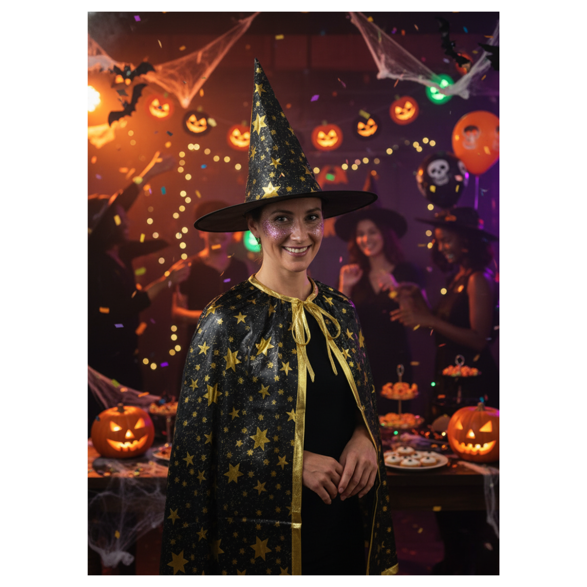 Set Bruja Sombrero + Capa Negro / Dorado Mago Halloween 2025-5