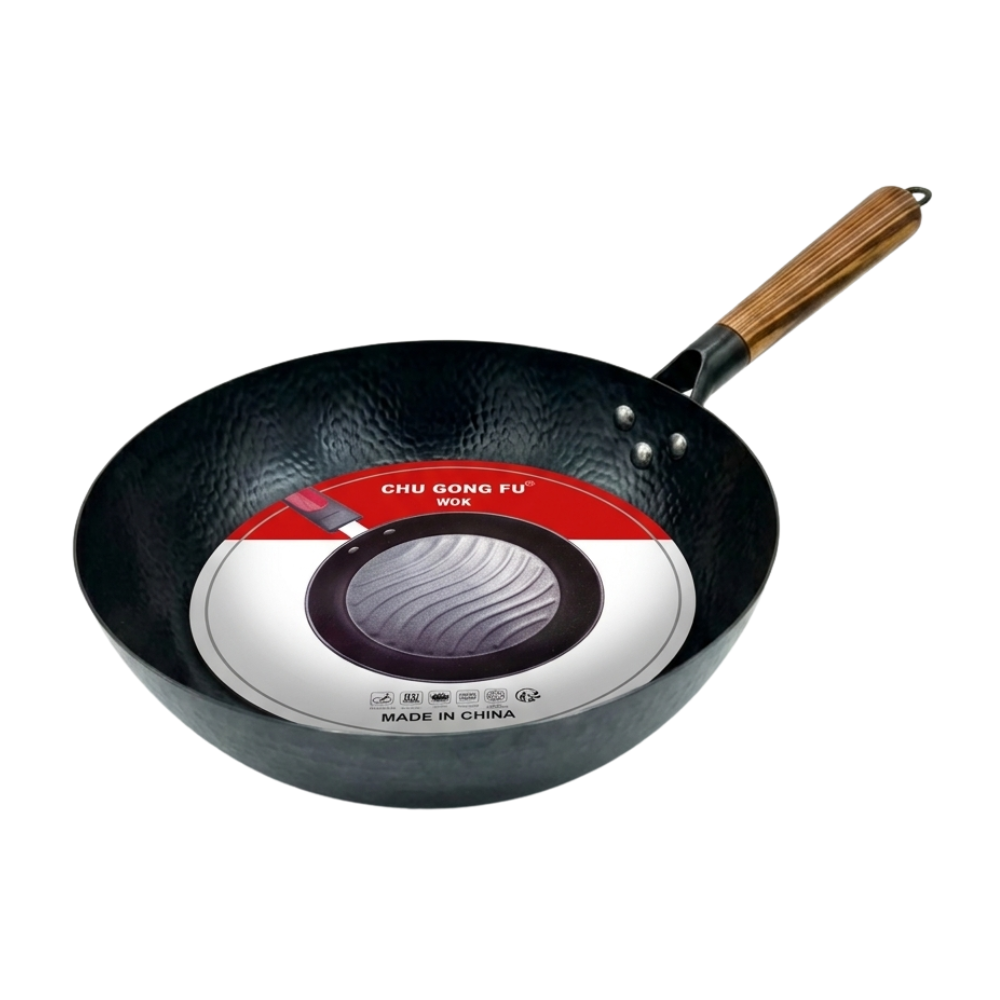 Wok De Cocina Tradicional Acero Martillado Mango De Madera-2
