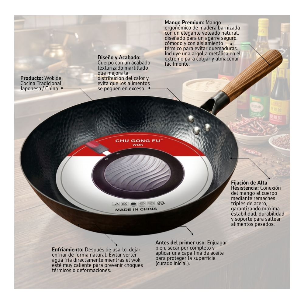 Wok De Cocina Tradicional Acero Martillado Mango De Madera-5