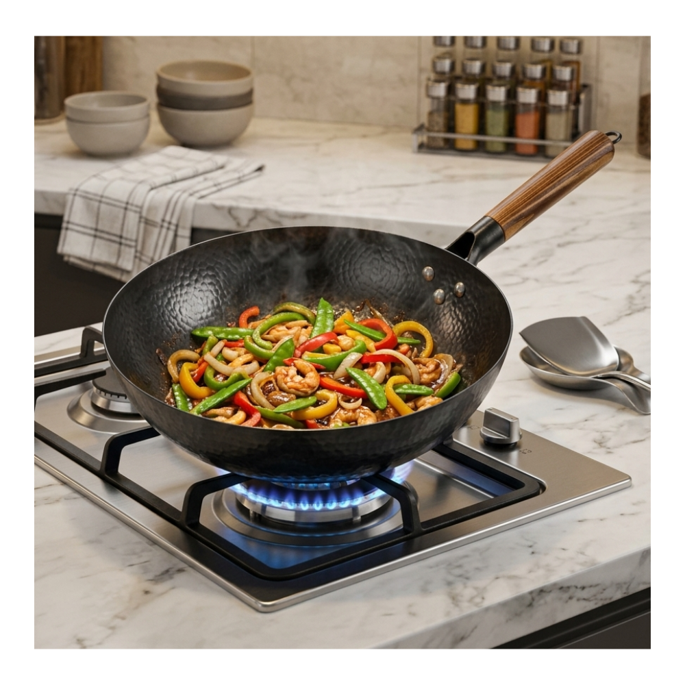 Wok De Cocina Tradicional Acero Martillado Mango De Madera-6