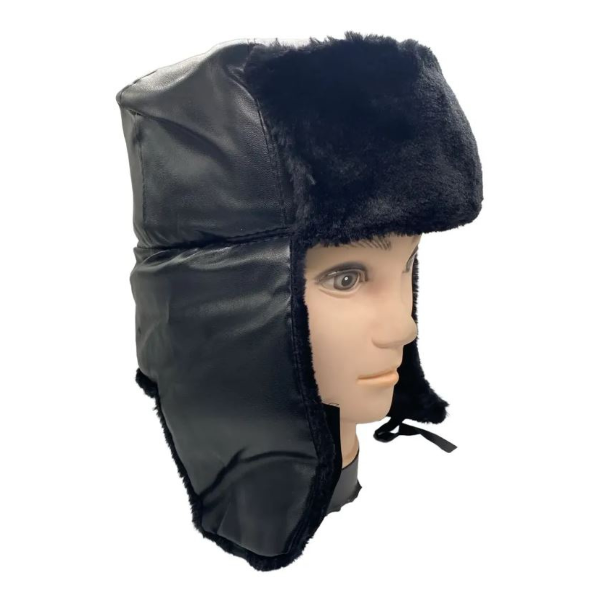 Gorro de Invierno Tipo Ushanka Ruso en Cuero Negro y Piel Sintética-2