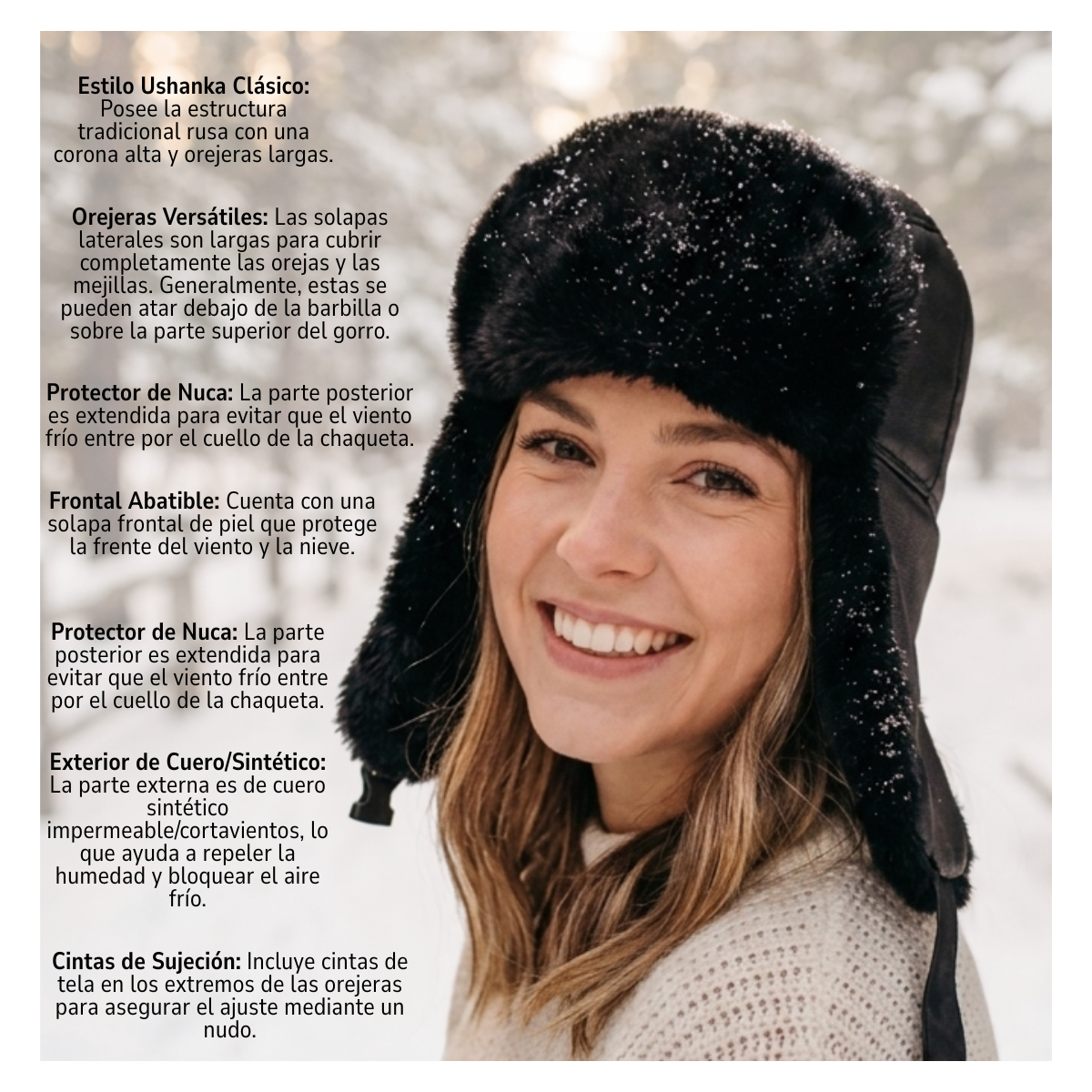 Gorro de Invierno Tipo Ushanka Ruso en Cuero Negro y Piel Sintética-6