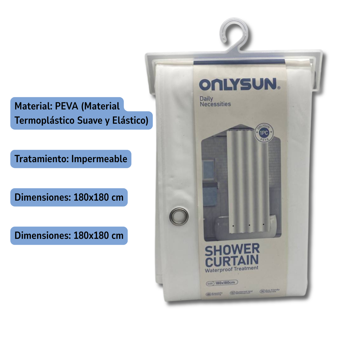 Cortina de Baño Impermeable 180x180cm con 12 Argollas de Plástico - Color Blanco-2