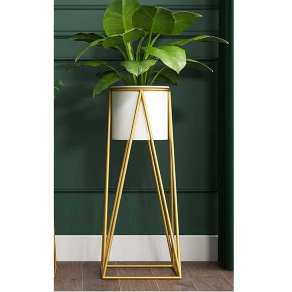 Porta Macetero Pedestal Dorado Con Macetero Blanco 68 cm-4