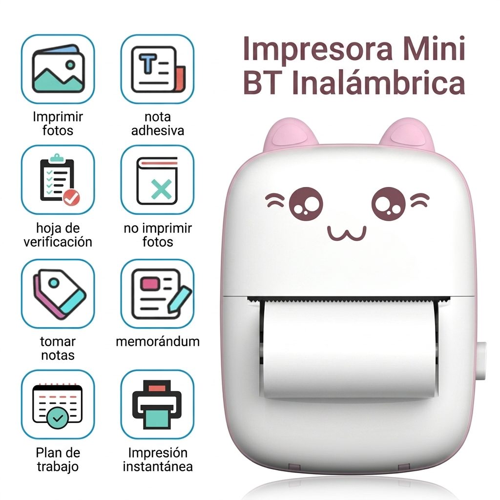 Mini Impresora Térmica Gatito Bluetooth  10 Rollos-1
