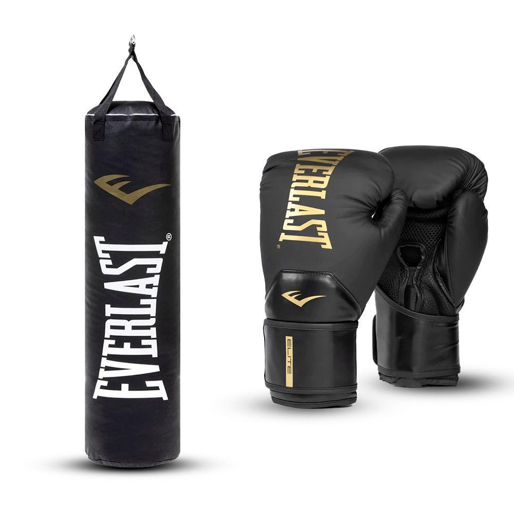 Kit Saco de Boxeo Everlast Negro y Guantes de Boxeo Elite Negro-0