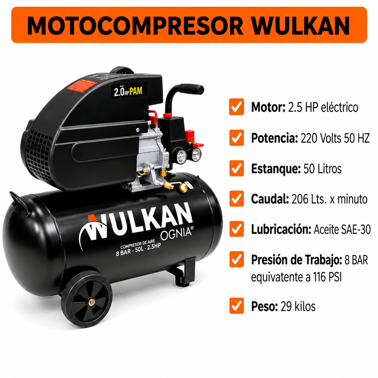 Compresor de Aire Electrico Wulkan 50 Litros 2.5Hp 8 Bar 206L/min Negro-6