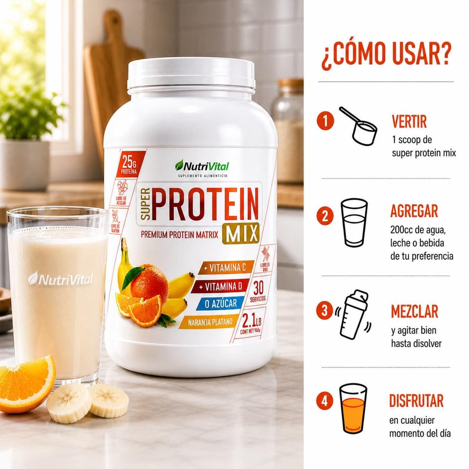 Proteína Super Protein Mix sabor Naranja Platano Nutrivital 2 lb 30 porciones con Vitamina C y D-1