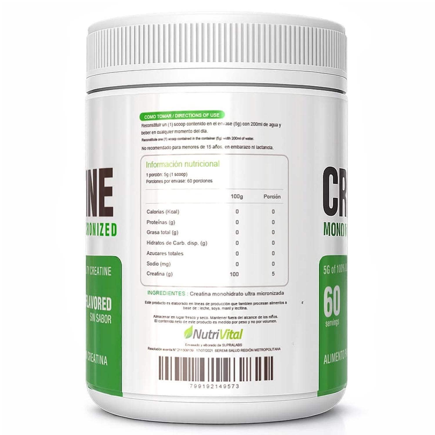 Creatina Monohidratada Micronizada 300g Nutrivital 60 Porciones Alta Pureza-2