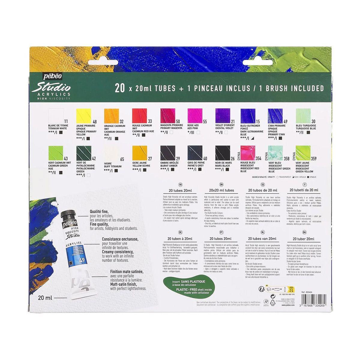 Set 20 Acrílico Pebeo Studio Colores 20ml + Pincel-2