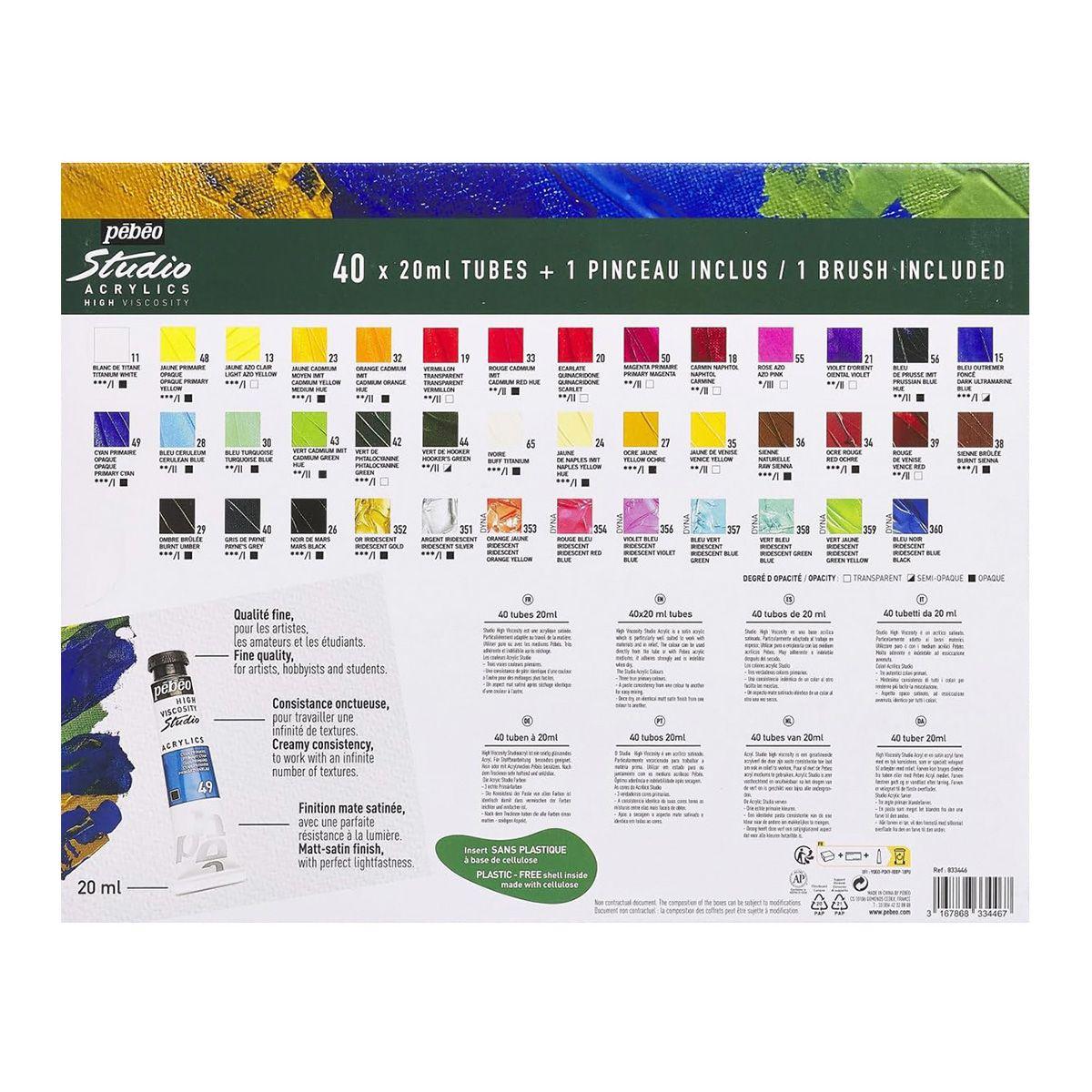 Set 40 Acrílico Pebeo Studio Colores 20ml + Pincel-2