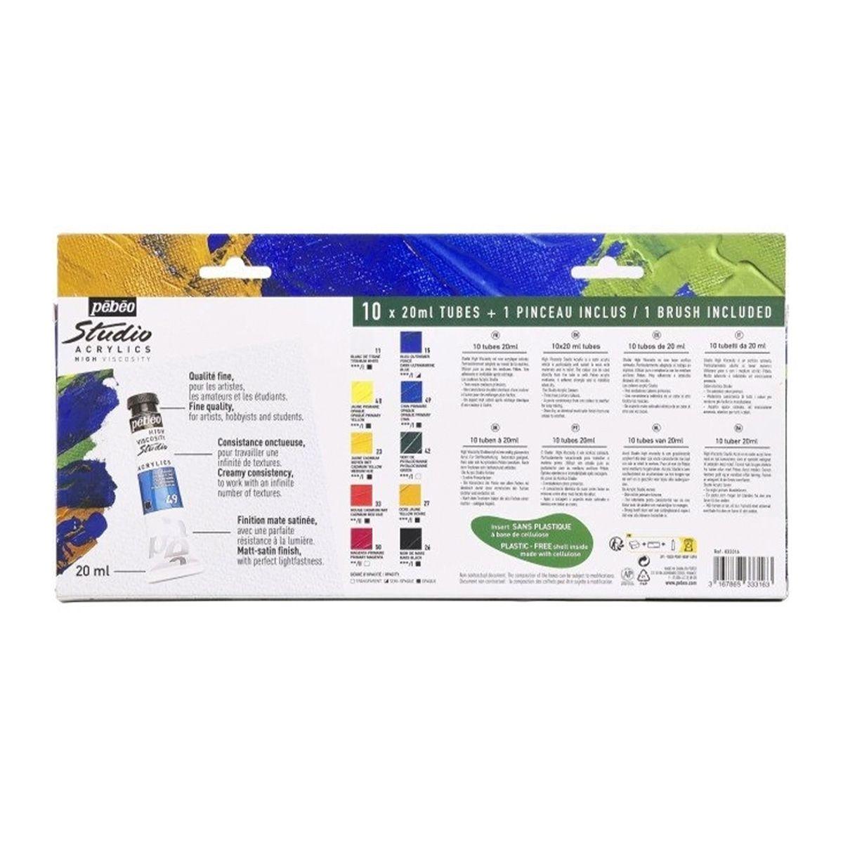 Set 10 Acrílico Pebeo Studio Colores 20ml + Pincel-2