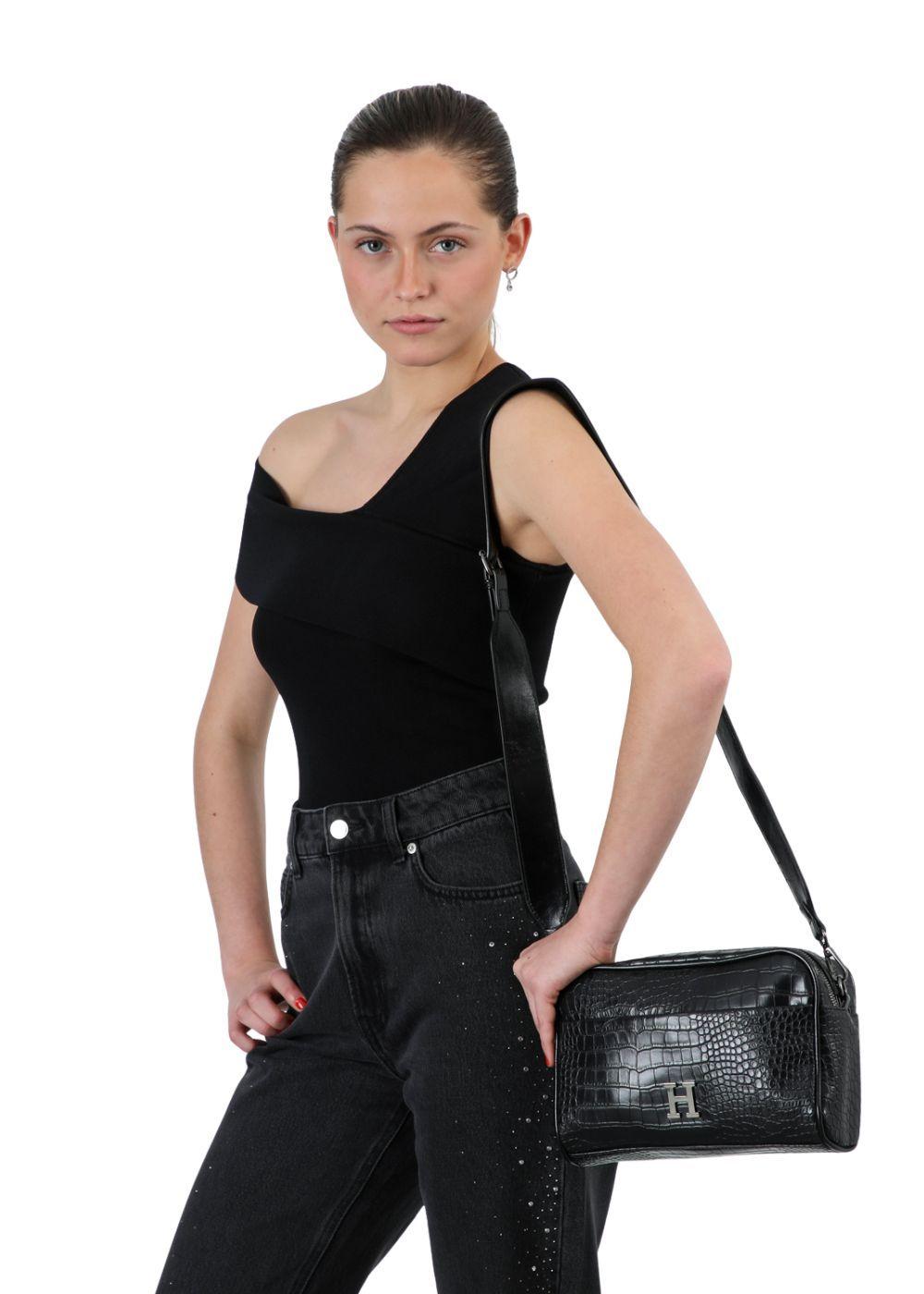 Cartera Bandolera Betsy Ecocuero Croco Negro Humana-3