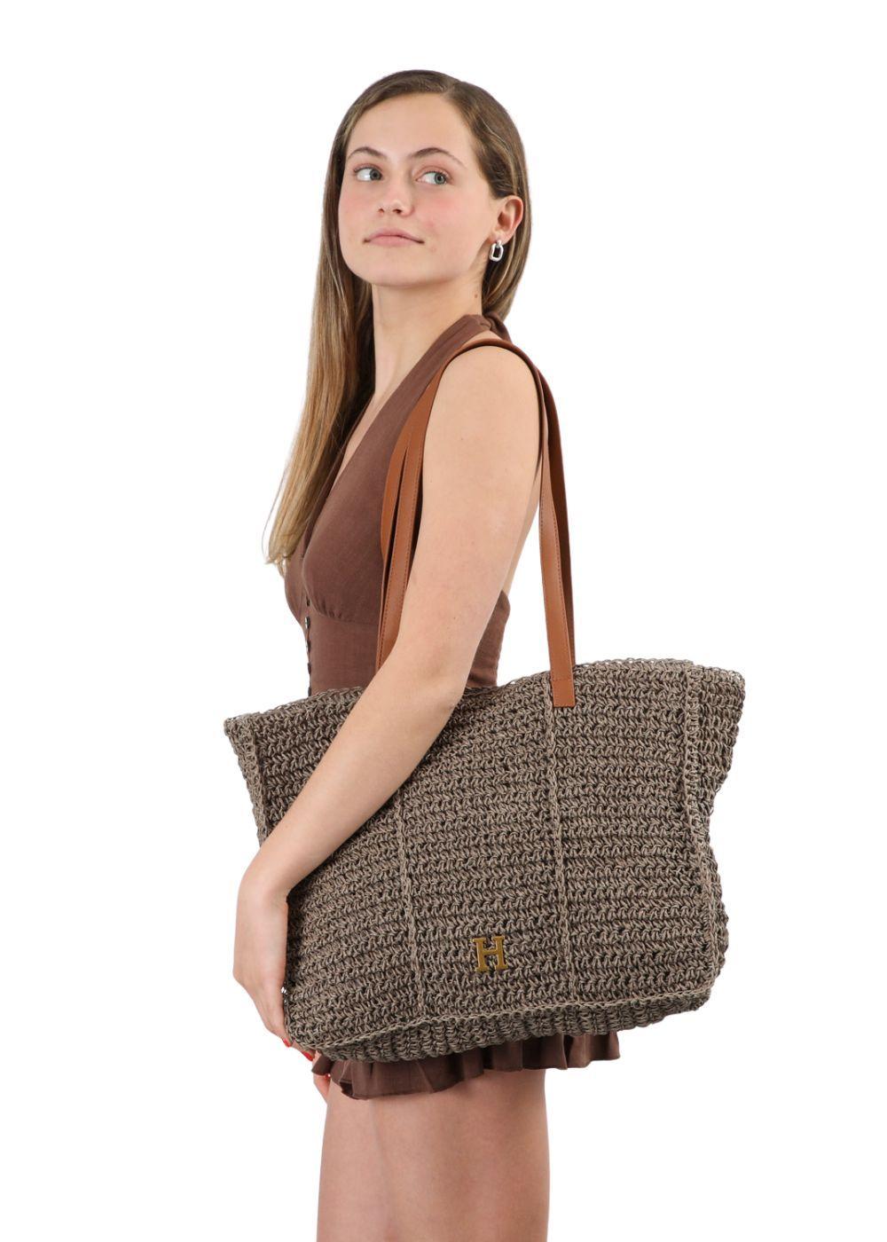 Cartera Tote Mona Tipo rafia tejida Taupé Playa Humana-4